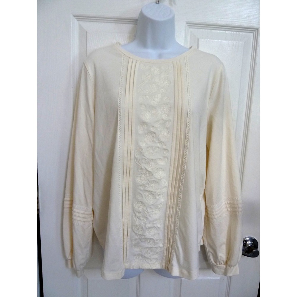 Lands' End Women L 14/16 Off-White Embroidered Pin-Tucked Balloon Sleeve Blouse